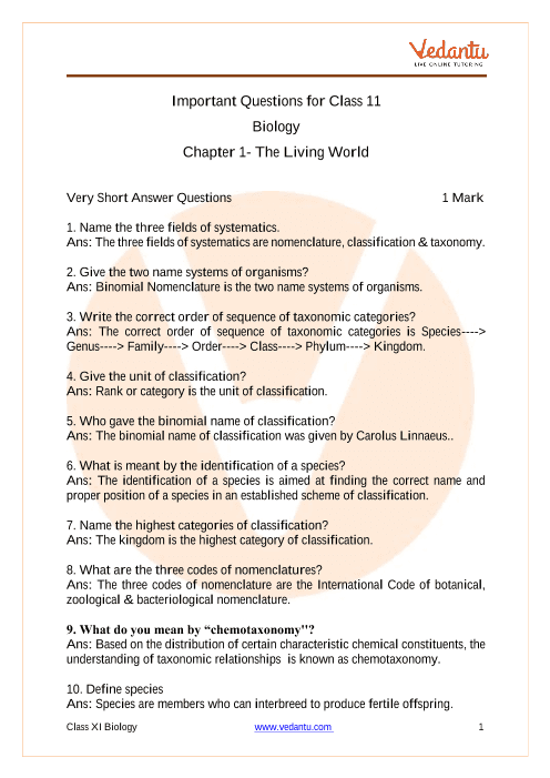 Class 11 Biology – The Living World (Chapter 1 Summary and 50 Q&A)